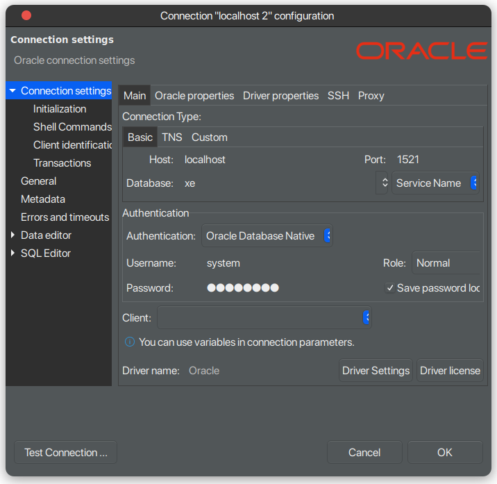 Konfigurasi DBeaver untuk Oracle XE